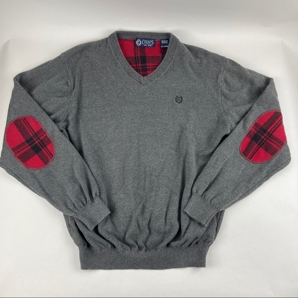 Chaps Sweater Mens XL Gray Red Plaid Elbow Patches Vneck - Picture 1 of 9